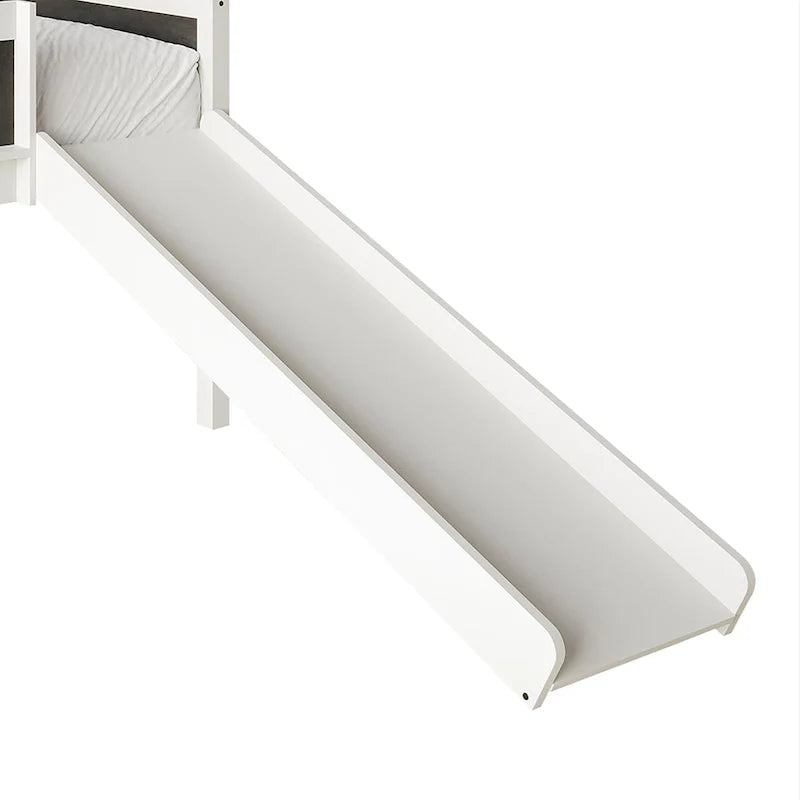 Letto a soppalco basso classico singolo CraftPorch con lavagna, scivolo e scaletta
