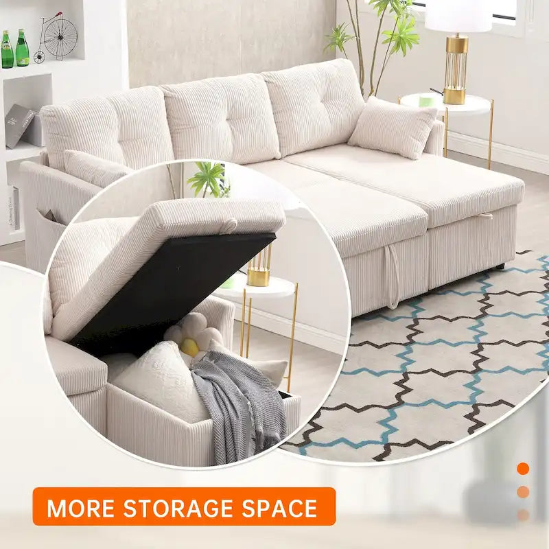 Divano Sezionale a L con Chaise Reversibile, Rivestimento in Velluto a Coste/Ciniglia, con Bracciolo Portaoggetti e Tasca Laterale