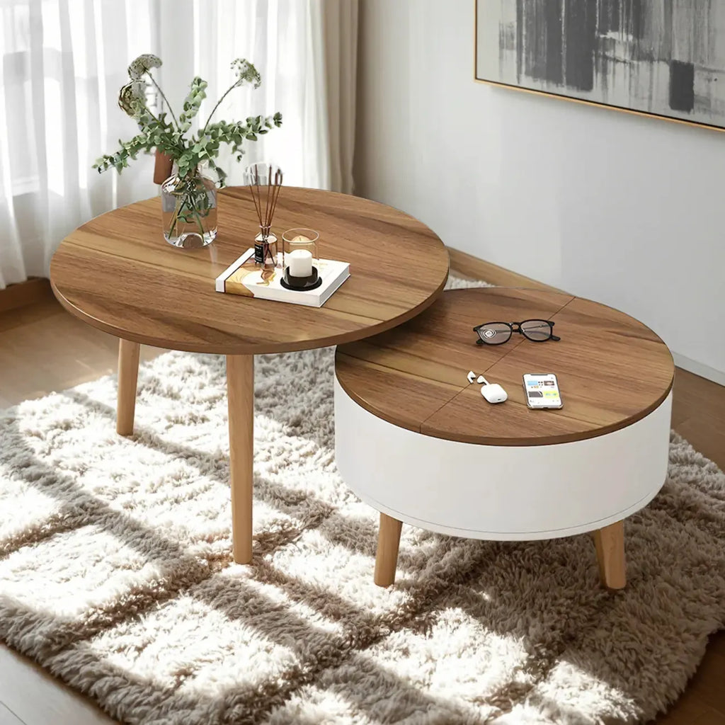 Tavolino da caffè rotondo moderno in legno bianco e nero con contenitore