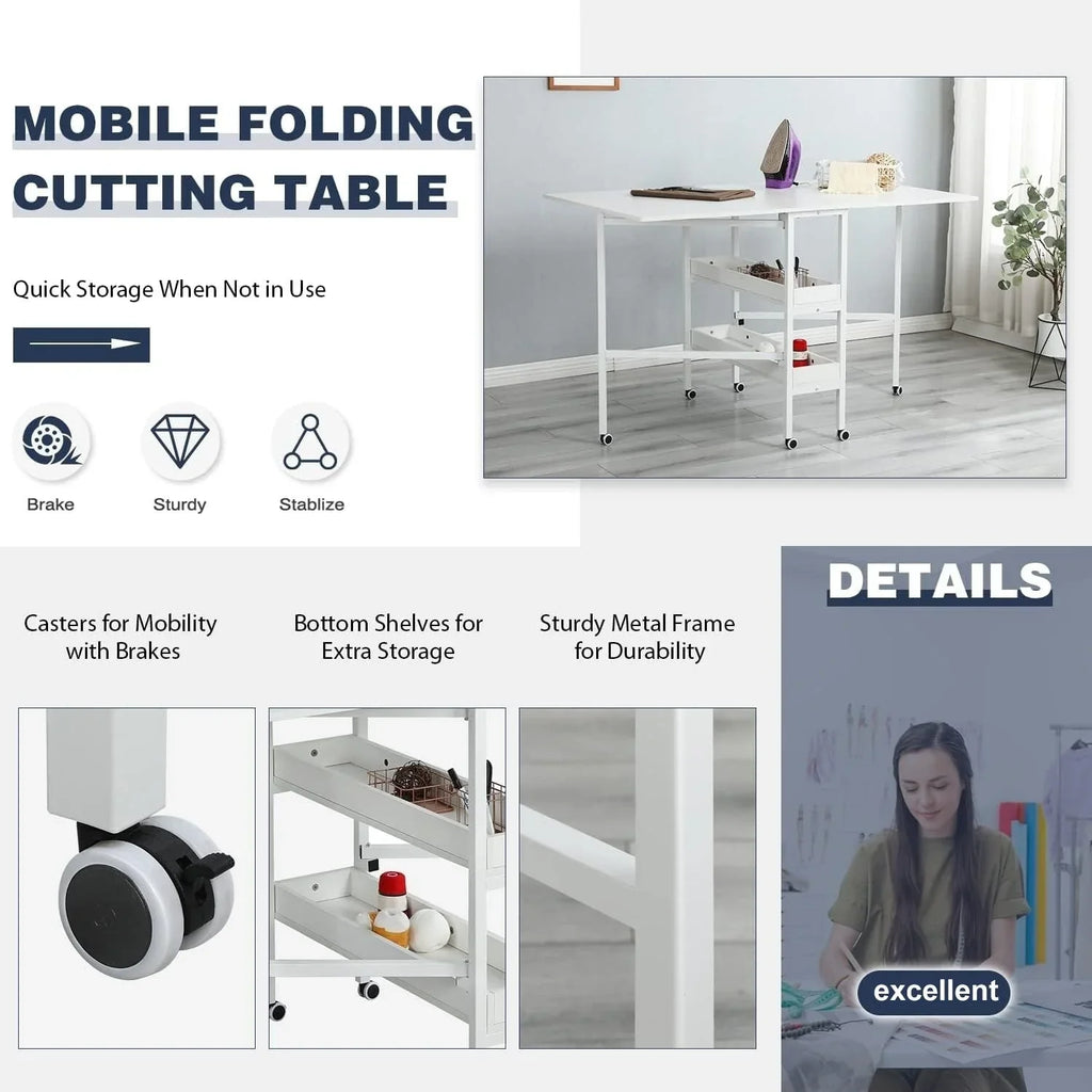 Tavolo Artigianale Regolabile in Altezza con Ripiani Portaoggetti, Tavolo da Taglio Pieghevole Mobile per Ufficio Domestico, Sala da Cucito, Stanza per Hobby