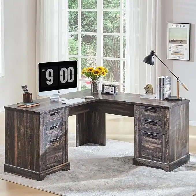 60 Scrivania Direzionale a L da Fattoria, Scrivania ad Angolo in Legno, Scrivania per Computer