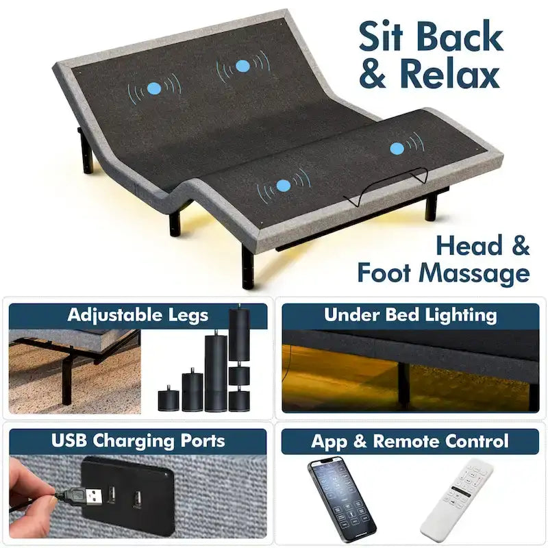 Telaio del letto regolabile con materasso in memory foam al gel di media durezza, doppio massaggio, porte USB, app, telecomando