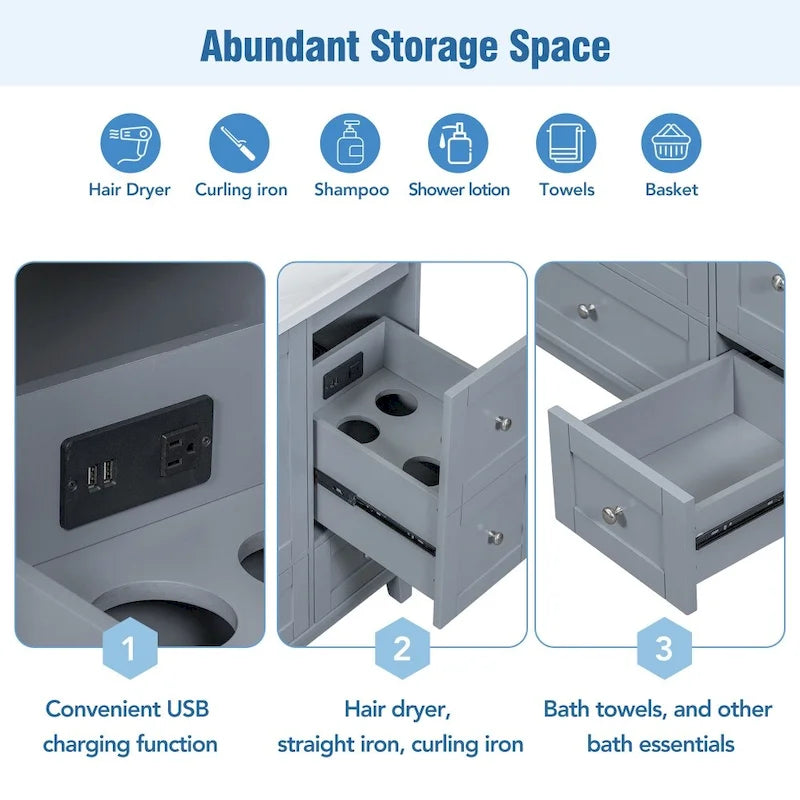 Mobile bagno da 36 pollici con ricarica USB, lavabo in resina, telaio in legno massello, 3 cassetti contenitori