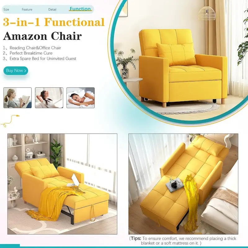 AECOJOY Poltrona Letto 3 in 1 con Cuscino e Schienale Convertibile