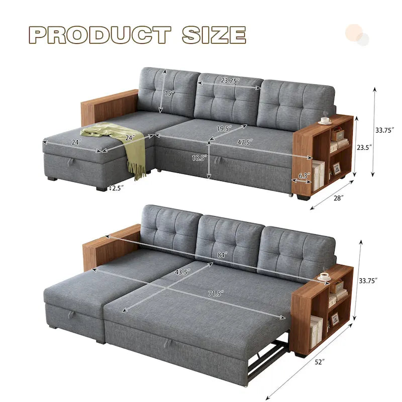 Divano Sezionale Convertibile con Letto Estraibile e Chaise Longue Contenitore Nascosto
