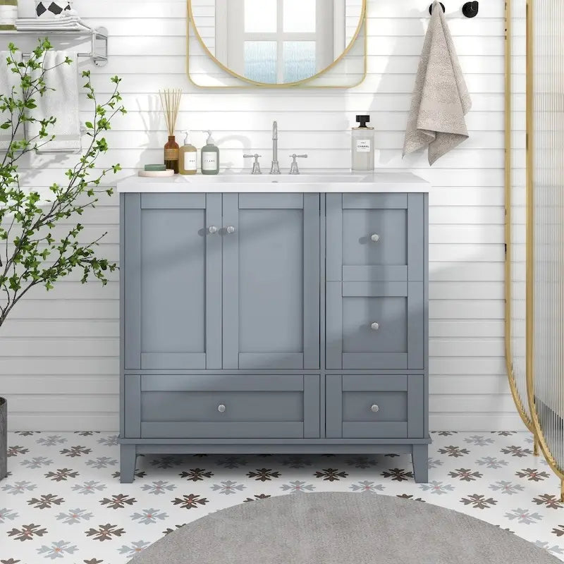 Mobile bagno da 36 pollici con ricarica USB, lavabo in resina, telaio in legno massello, 3 cassetti contenitori