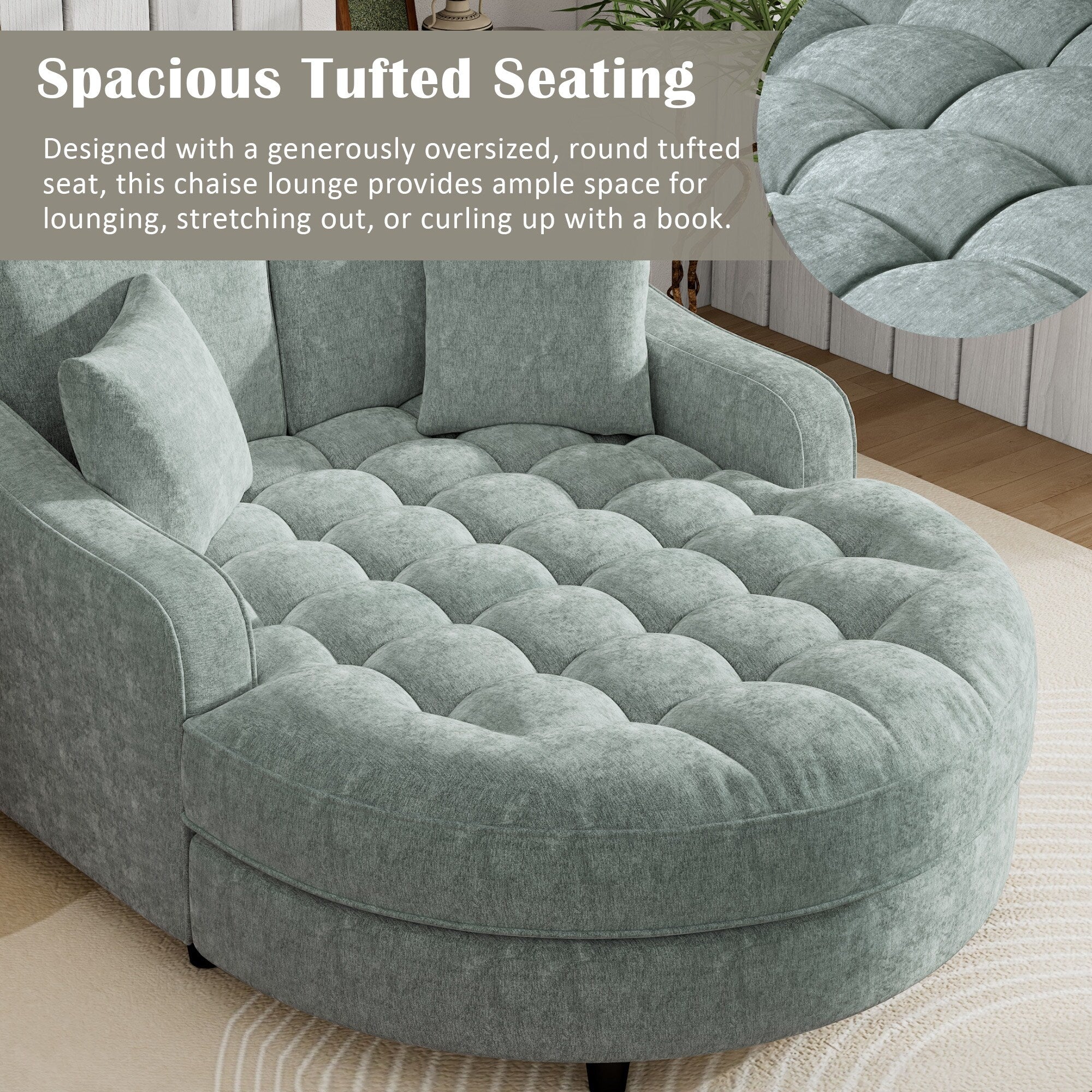 Divano Letto Chaise Longue in ciniglia, Divano Imbottito con Schienale Trapuntato e 2 Cuscini Rimovibili per Soggiorno