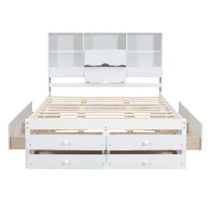 Letto a piattaforma King Size con testiera contenitore e 8 cassetti