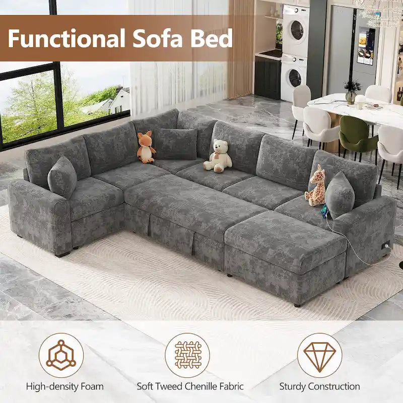 Divano sezionale in ciniglia con letto estraibile, divano letto a L con pouf contenitore, 3 cuscini e dispositivi di ricarica