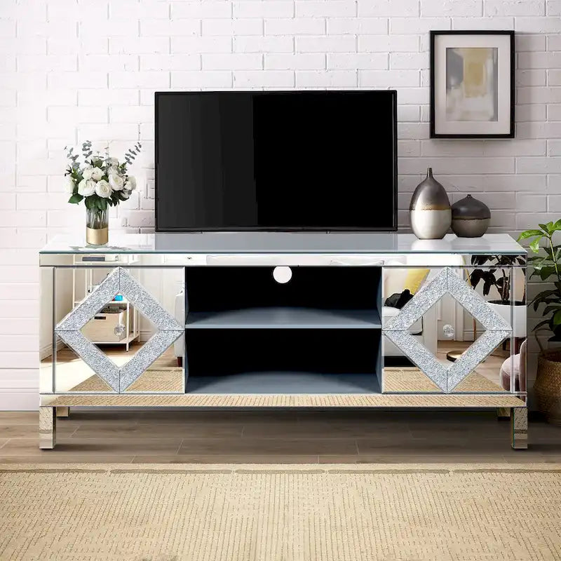 Mobile TV da 59 pollici con ante a specchio a forma di diamante e spazio di archiviazione, per TV fino a 65 pollici