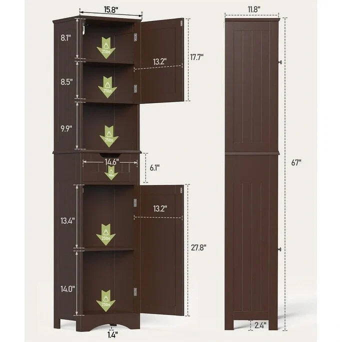 Mobile bagno alto 67 H, Armadietto portabiancheria stretto, Mobiletto contenitore con 2 ante e cassetto