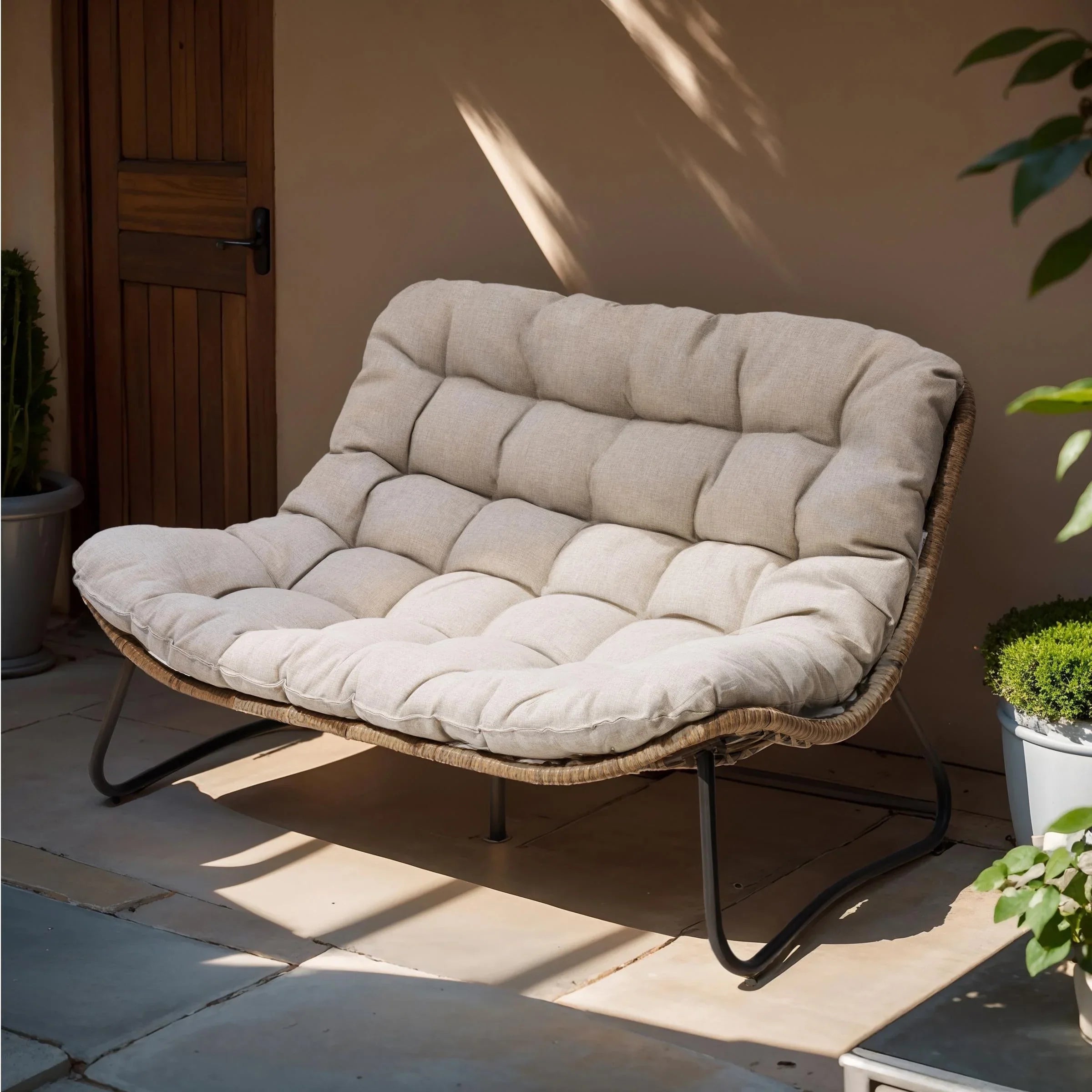 Divanetto due posti Double Papasan con cuscino, in rattan PE per tutte le stagioni e struttura in metallo per interni ed esterni