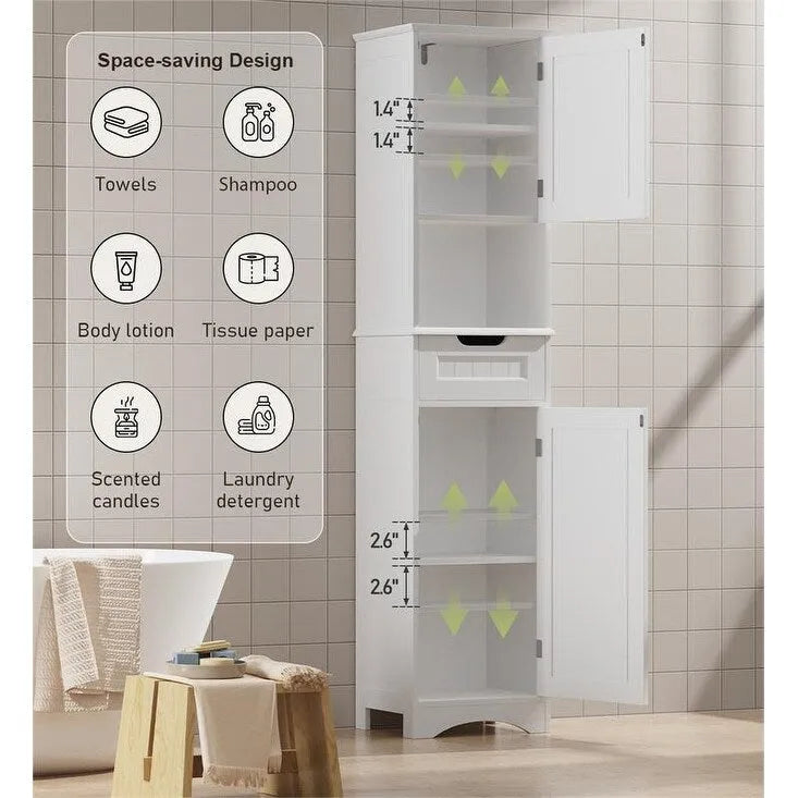 Mobile bagno alto 67 H, Armadietto portabiancheria stretto, Mobiletto contenitore con 2 ante e cassetto