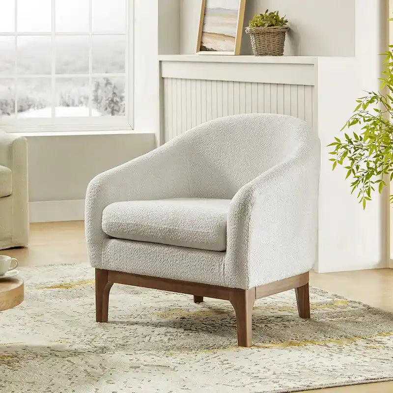 Poltrona a botte Augus Modern Boucle con gambe in legno massello di HULALA HOME