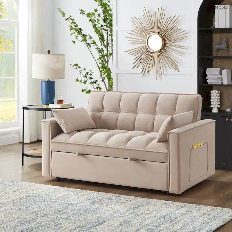 Divano Letto Estraibile 4-in-1 - Divanetto in Velluto - Divano Letto Convertibile con Schienale Reclinabile, 2 Tasche Laterali