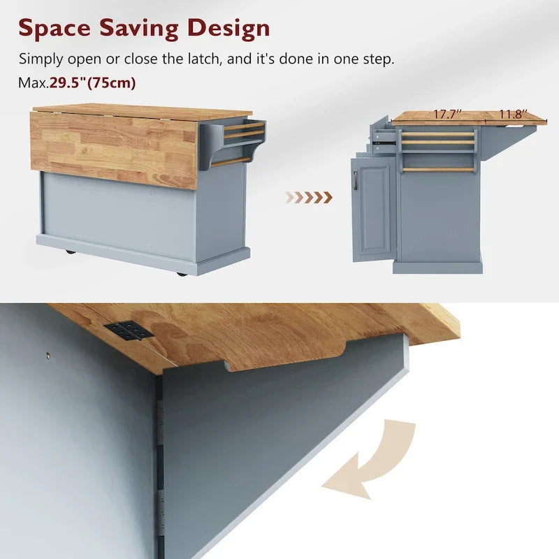 54 - Grande isola cucina con anta a ribalta in legno di gomma, carrello da cucina scorrevole con texture in rilievo su 4 ruote con 4 ante e 3 cassetti