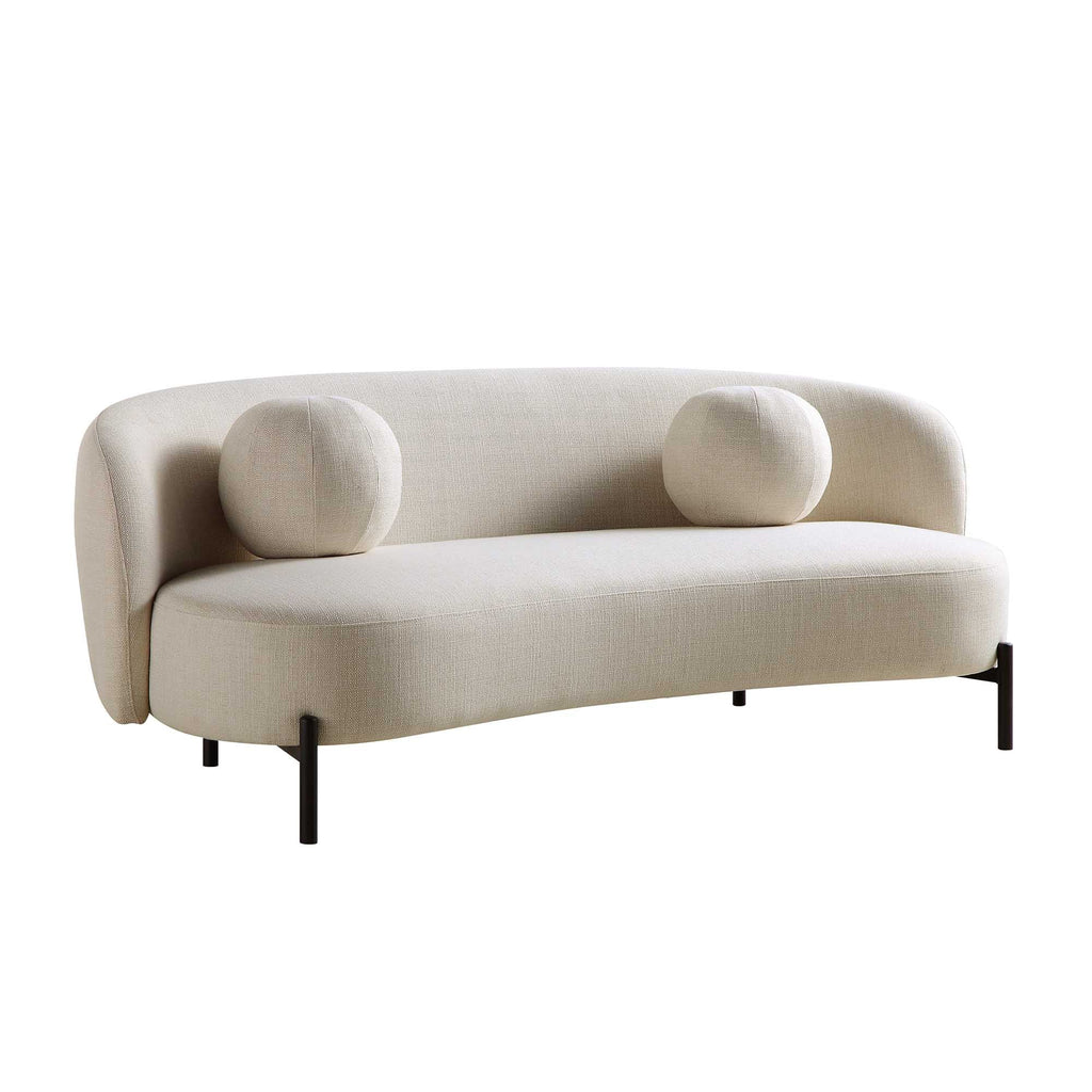 Divano curvo a 3 posti con cuscini a sfera, misto lino beige