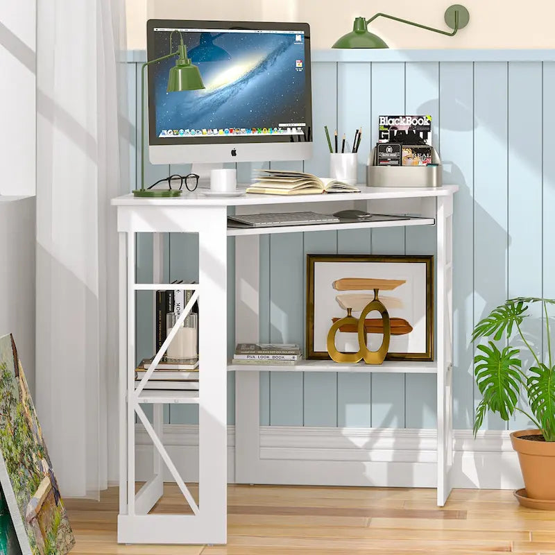 Scrivania ad angolo Scrivania piccola con prese Tavolo ad angolo per piccoli spazi, Scrivania per computer con porte USB Scrivania triangolare con contenitore