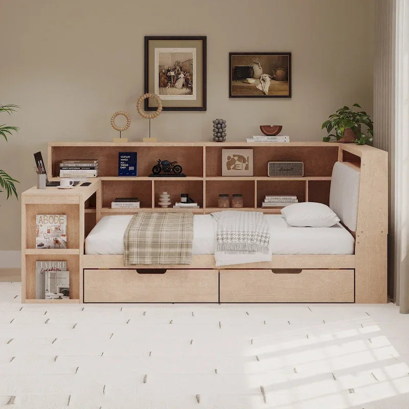Divano Letto a "L" in Legno con Scrivania, Mobile Libreria, Letto Angolare con Cassetti Sottostanti, Testiera Imbottita con Luce Integrata