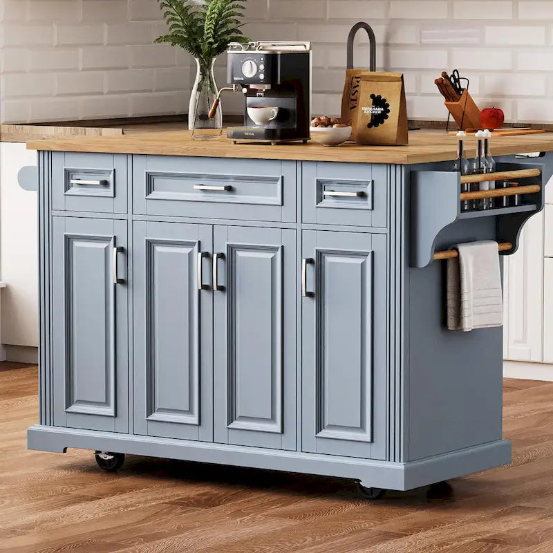 54 - Grande isola cucina con anta a ribalta in legno di gomma, carrello da cucina scorrevole con texture in rilievo su 4 ruote con 4 ante e 3 cassetti
