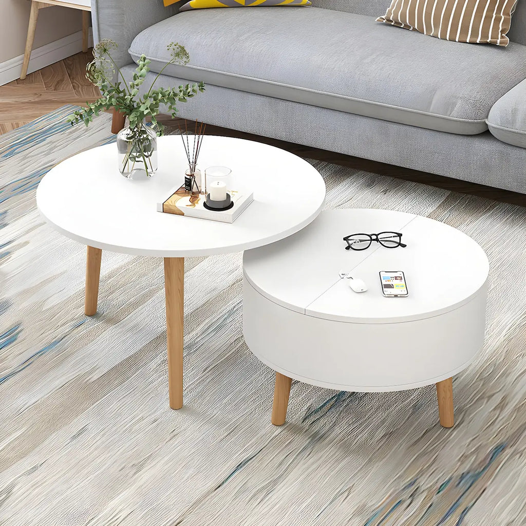 Tavolino da caffè rotondo moderno in legno bianco e nero con contenitore
