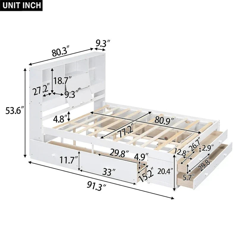 Letto a piattaforma King Size con testiera contenitore e 8 cassetti