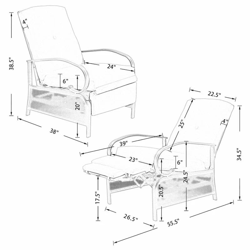 Poltrona Reclinabile Regolabile da Esterno con Cuscino - 38 (P) x 26.5 (L) x 38.5 (A) POLLICI