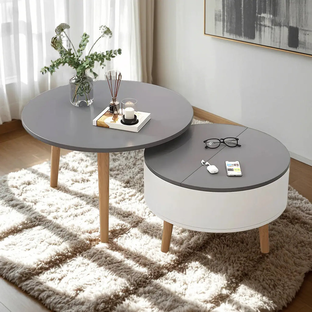Tavolino da caffè rotondo moderno in legno bianco e nero con contenitore