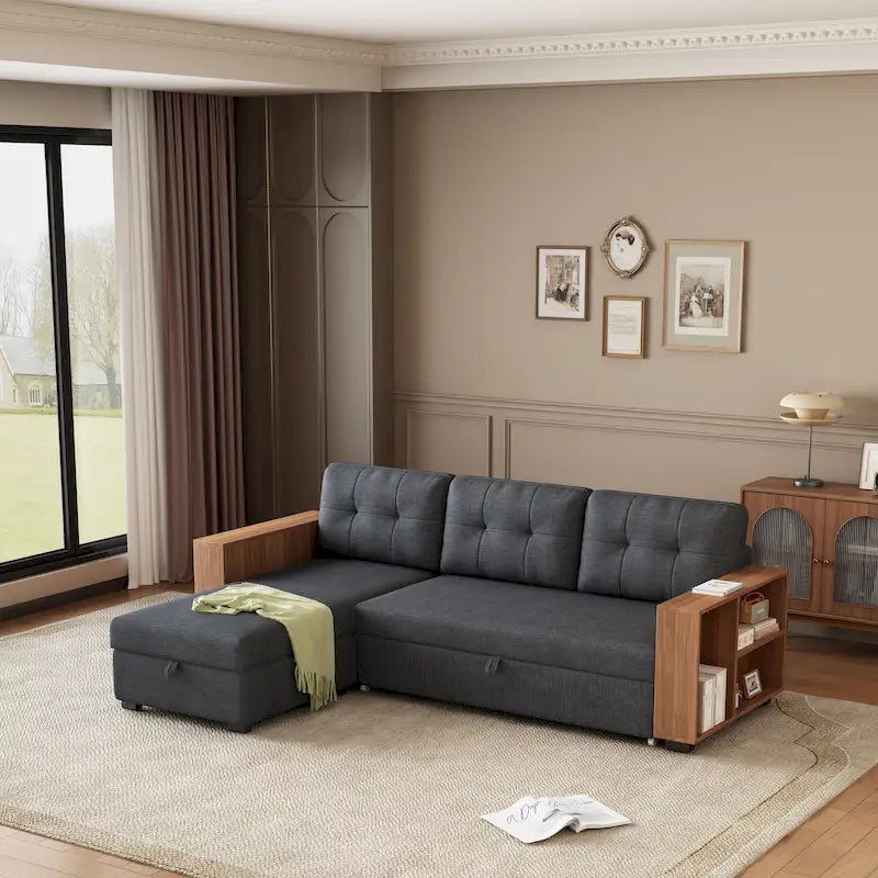 Divano Sezionale Convertibile con Letto Estraibile e Chaise Longue Contenitore Nascosto