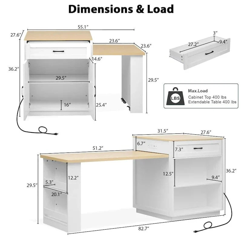82.7 Isola da cucina in legno per 4-6 persone con tavolo da pranzo allungabile e contenitore a doppia dimensione