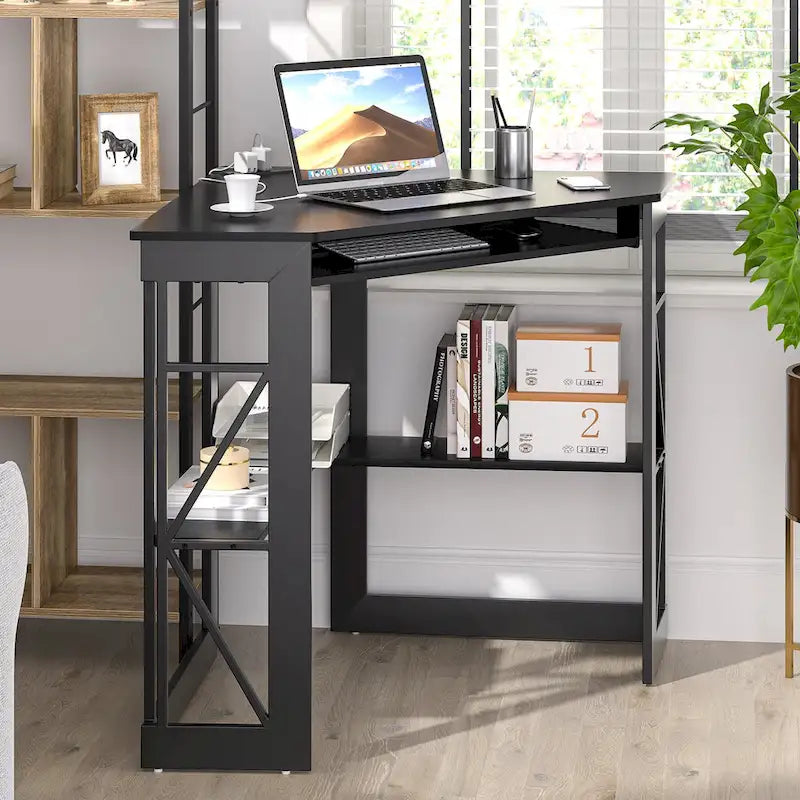 Scrivania ad angolo Scrivania piccola con prese Tavolo ad angolo per piccoli spazi, Scrivania per computer con porte USB Scrivania triangolare con contenitore