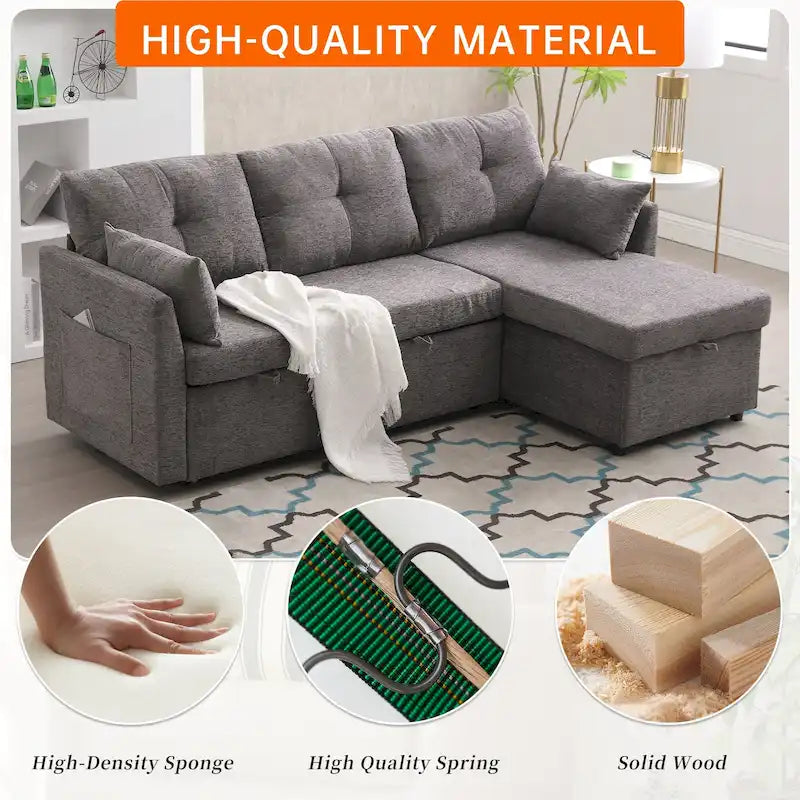 Divano Sezionale a L con Chaise Reversibile, Rivestimento in Velluto a Coste/Ciniglia, con Bracciolo Portaoggetti e Tasca Laterale