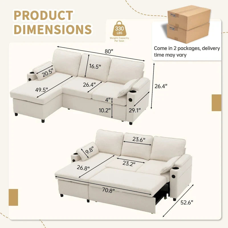 Divano letto a L da 80", Divano letto a scomparsa, Divano letto convertibile con penisola reversibile