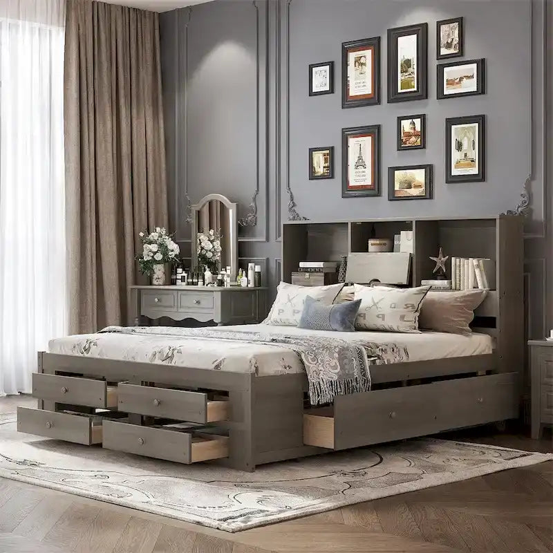 Letto a piattaforma King Size con testiera contenitore e 8 cassetti