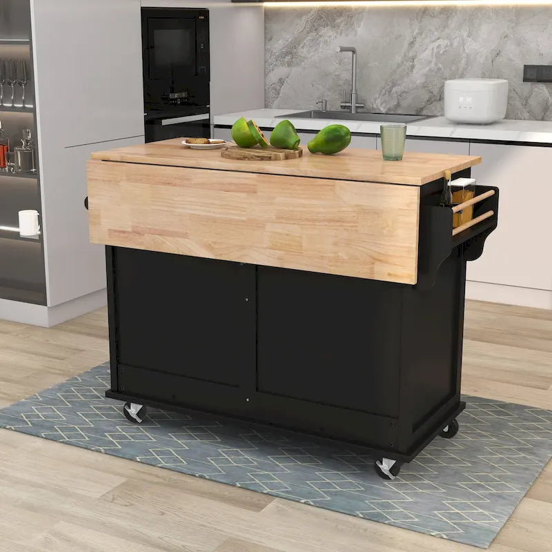 Carrello da cucina con piano d'appoggio ribaltabile in legno di gomma, porta scorrevole a scomparsa con altezza regolabile, isola da cucina su 4 ruote