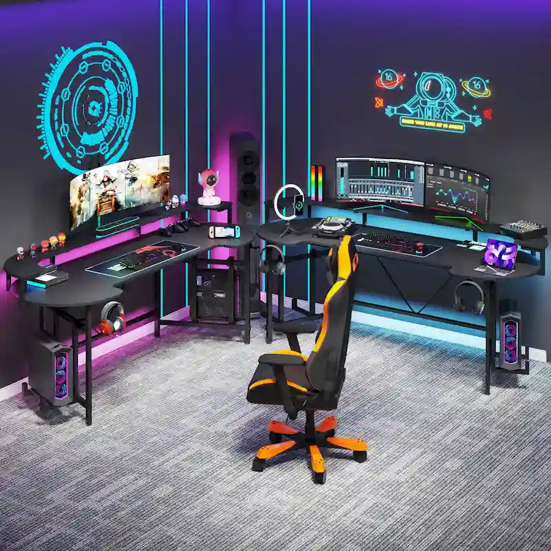 Scrivania da Gaming con Ripiano Monitor, Scrivania per PC Computer da 75 Pollici con Striscia LED