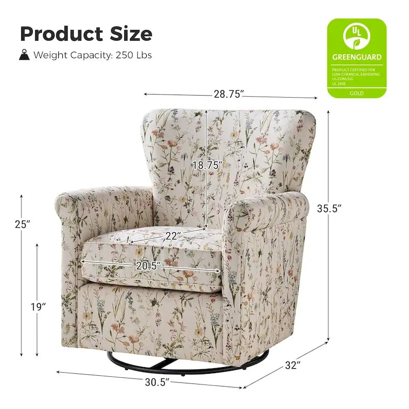 Poltrona girevole a dondolo Georg Comfortable Floral Fabric con braccioli arrotolati di HULALA HOME