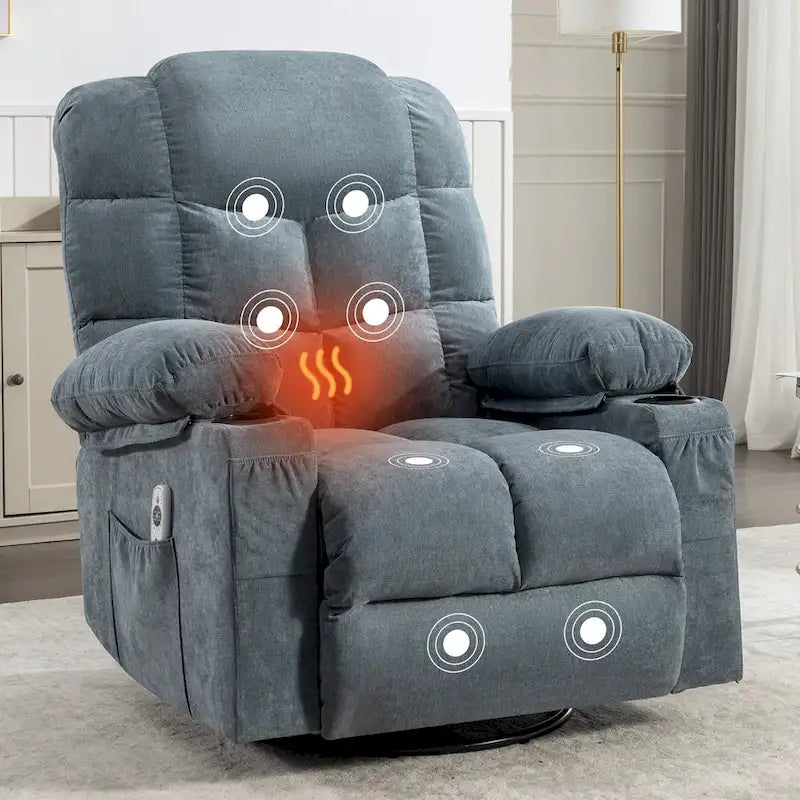 Poltrona reclinabile oversize grigia con calore e massaggio, reclinazione a 150°, oscillazione a 30°, ricarica USB e 2 portabicchieri