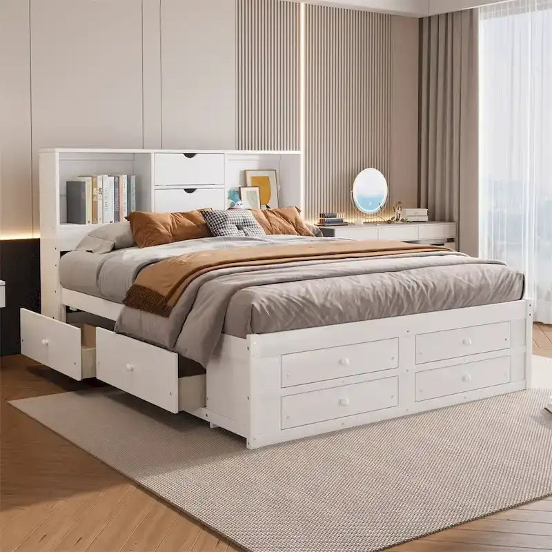 Letto a piattaforma King Size con testiera contenitore e 8 cassetti