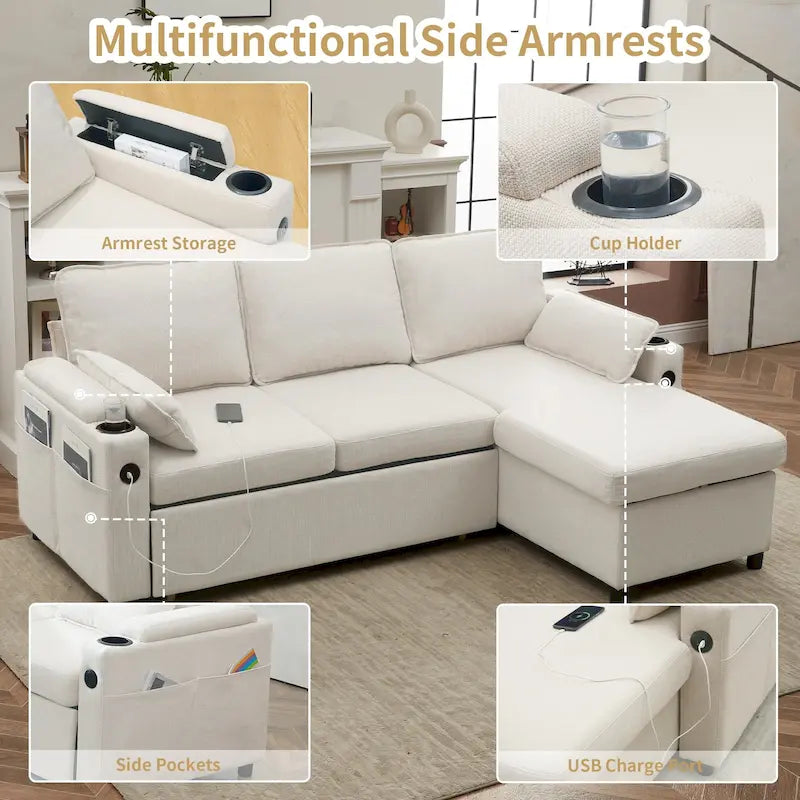 Divano letto a L da 80", Divano letto a scomparsa, Divano letto convertibile con penisola reversibile