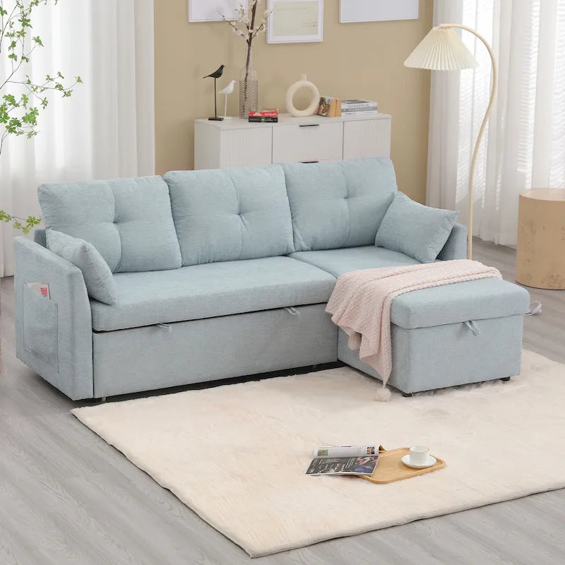 Divano Sezionale a L con Chaise Reversibile, Rivestimento in Velluto a Coste/Ciniglia, con Bracciolo Portaoggetti e Tasca Laterale