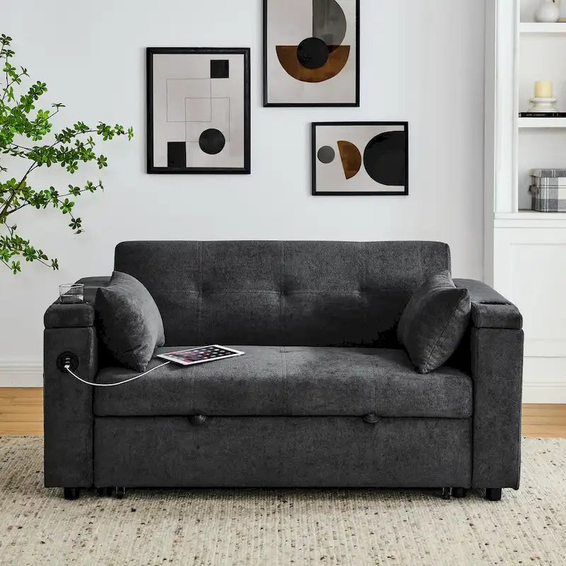 Divano Letto Estraibile 54", Divano Reclinabile 2 Posti con Contenitore, Cuscino Lombare, Presa USB
