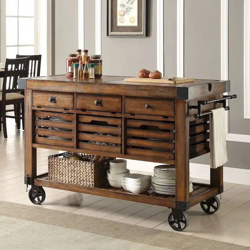 Carrello da cucina con 3 cassetti in castagno anticato