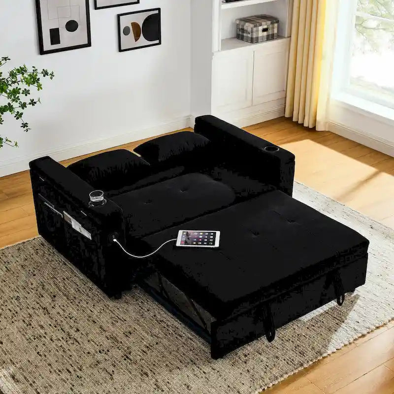 Divano Letto Estraibile 54", Divano Reclinabile 2 Posti con Contenitore, Cuscino Lombare, Presa USB