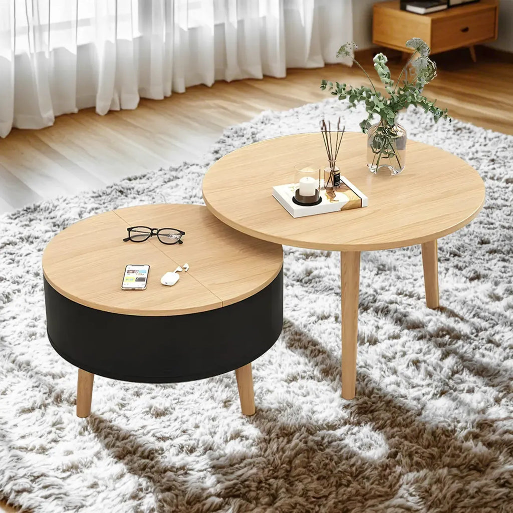 Tavolino da caffè rotondo moderno in legno bianco e nero con contenitore