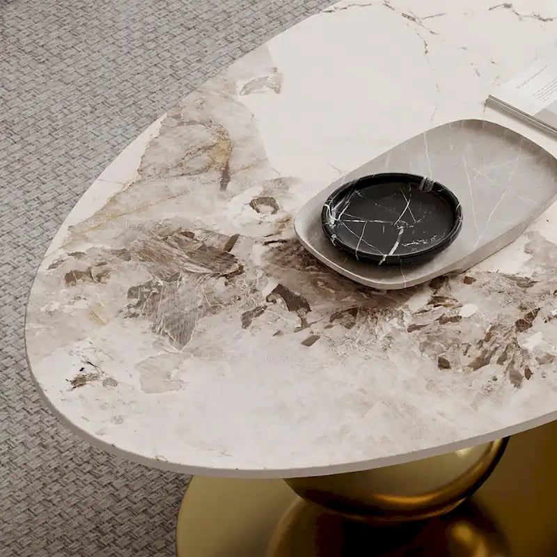 Tavolino da caffè ovale moderno Pandora 51 con piano in pietra sinterizzata lucida, tavolino da caffè di lusso, gambe in acciaio inossidabile per soggiorno
