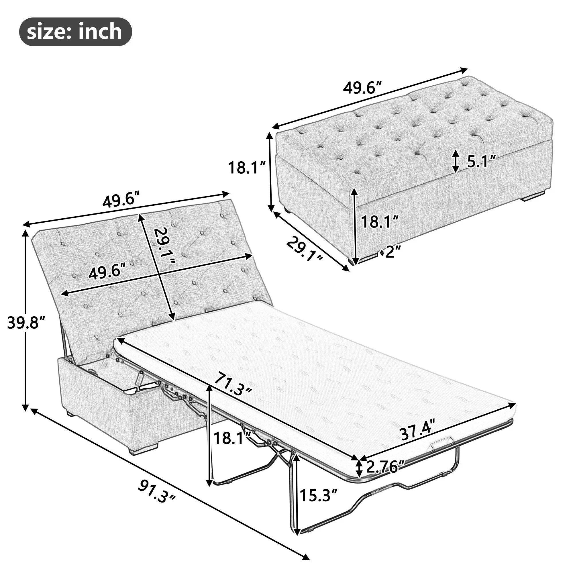 Divano Letto Pieghevole, Pouf da 49.6 con Divano Letto Pieghevole, Pouf Convertibile con Materasso Memory e Design Trapuntato