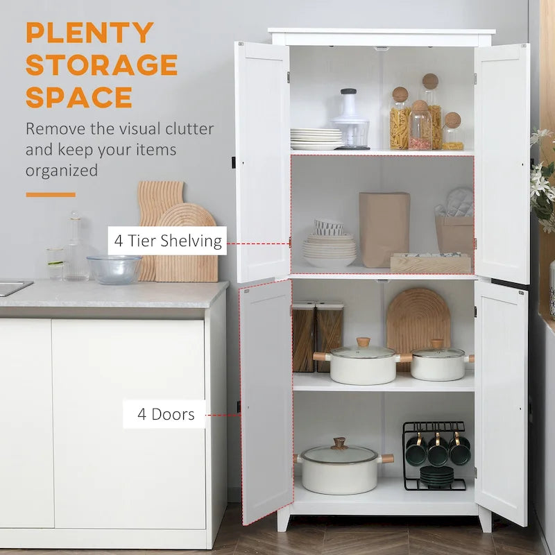 HOMCOM Mobile Dispensa da Cucina Autoportante a 4 Ante, Armadietto Contenitore con 4 Ripiani Regolabili, Bianco