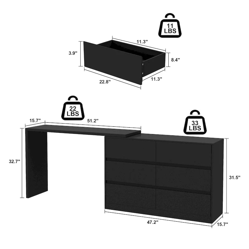 Cassettiera e Scrivania Girevole a 32,7H, con 6 Cassetti, Tavolo da Trucco, Bianco/Nero