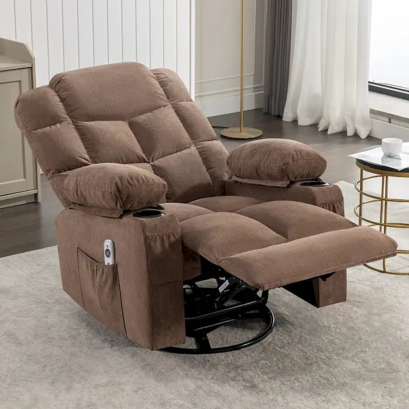 Poltrona reclinabile oversize grigia con calore e massaggio, reclinazione a 150°, oscillazione a 30°, ricarica USB e 2 portabicchieri
